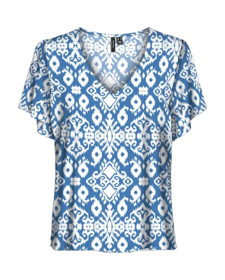 Top col V Femme VMEASY JOY V-NECK SS BLOUSE WVN GA Bleu à motifs