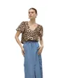 Top col V Femme VMEASY JOY V-NECK SS BLOUSE WVN GA Beige à motifs