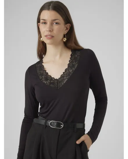 T-shirt manches longues Femme VMROSA LS V-NECK LACE TOP GA JRS NO Noir