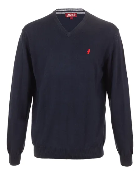 PULL HOMME COL V COTON et LAINE Bleu
