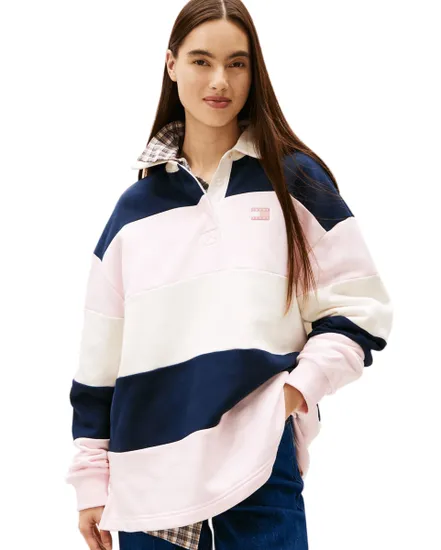 Polo manches longues Femme BADGE STRIPE RUG Rose Pale/Marine