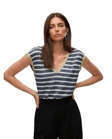 T-shirt col V Femme VMBALDO STRIPE S/L V-NECK TOP JRS B Blanc/Bleu Marine