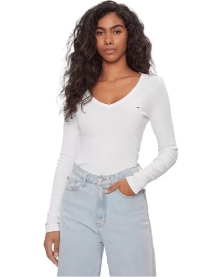 T-shirt col V manches longues Femme SLIM ESSENTIAL R Écru