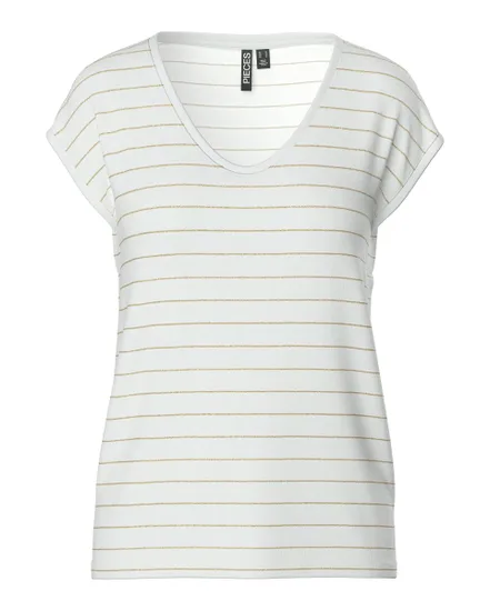 T-shirt manches courtes Femme PCBILLO TEE LUREX STRIPES JRS NOOS BC Blanc