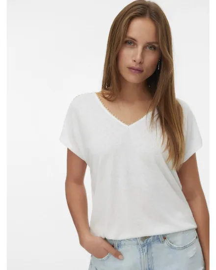 T-shirt Femme VMJACKIE S/L V-NECK TOP JRS BTQ Blanc