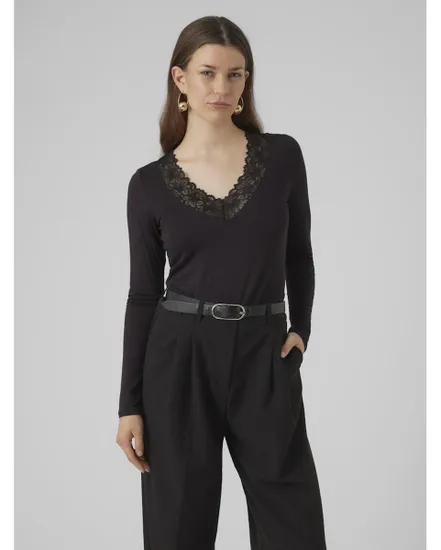 T-shirt manches longues Femme VMROSA LS V-NECK LACE TOP GA JRS NO Noir