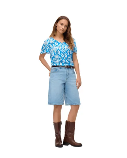 Top col V Femme VMEASY JOY V-NECK SS BLOUSE WVN GA Bleu à motifs