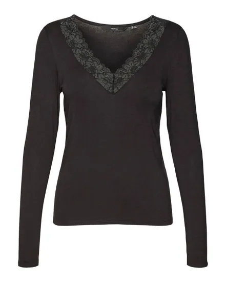 T-shirt manches longues Femme VMROSA LS V-NECK LACE TOP GA JRS NO Noir