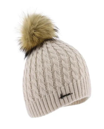 BONNET FEMME TORSADE UNI AVEC POMPON EN FAUSSE FOURRURE Beige