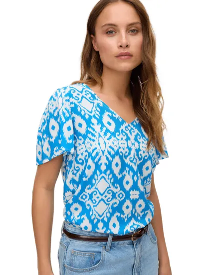 Top col V Femme VMEASY JOY V-NECK SS BLOUSE WVN GA Bleu à motifs