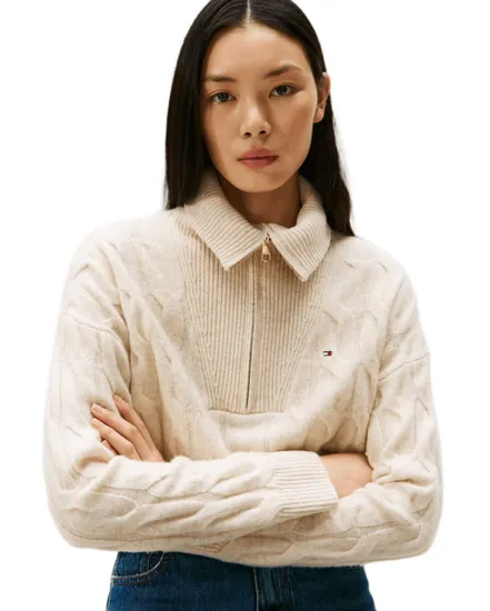 Pull col V Femme SOFT WOOL CABLE 1/2 Écru Chiné