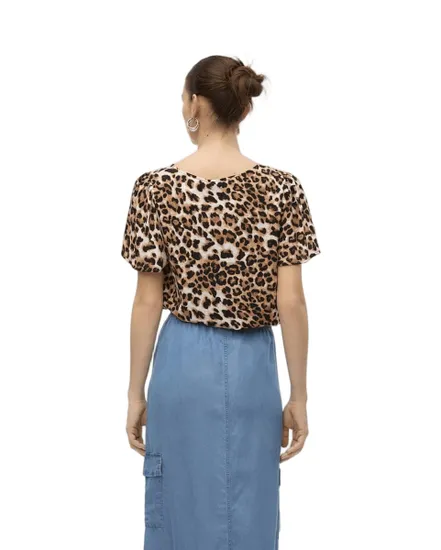 Top col V Femme VMEASY JOY V-NECK SS BLOUSE WVN GA Beige à motifs