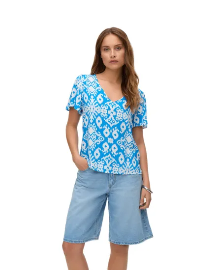 Top col V Femme VMEASY JOY V-NECK SS BLOUSE WVN GA Bleu à motifs