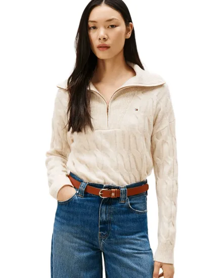 Pull col V Femme SOFT WOOL CABLE 1/2 Écru Chiné