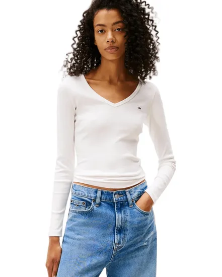 T-shirt col V manches longues Femme SLIM ESSENTIAL R Écru