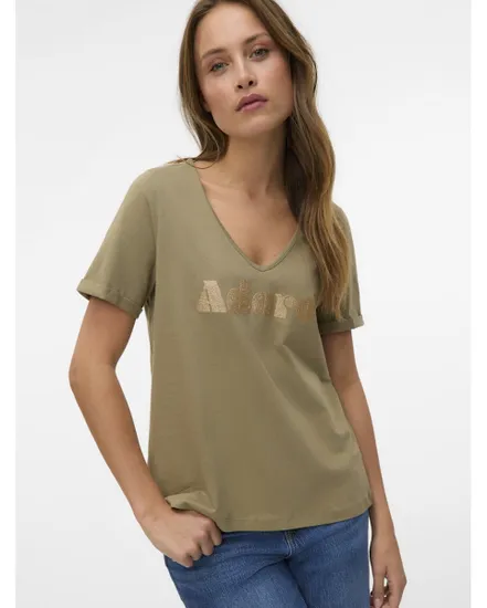 T-shirt col V Femme VMFADORA S/S V-NECK T-SHIRT JRS BTQ GA Vert
