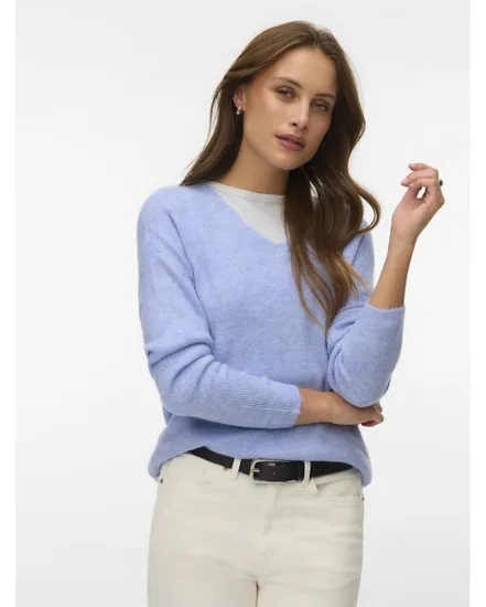 Pull Femme VMCREWLEFILE LS V-NECK BLOUSE NOOS Bleu
