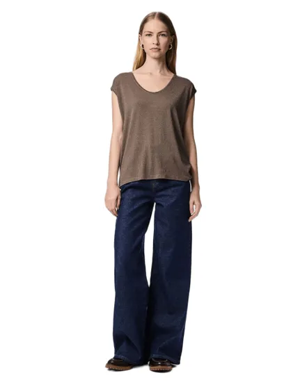 T-shirt col V Femme BILLO TEE LUREX STRIPES JRS Marron