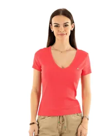 T-shirt col V Femme SLIM ESSENTIAL RIB V SS Rose