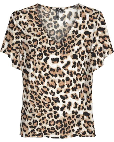 Top col V Femme VMEASY JOY V-NECK SS BLOUSE WVN GA Beige à motifs