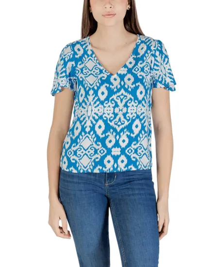 Top col V Femme VMEASY JOY V-NECK SS BLOUSE WVN GA Bleu à motifs